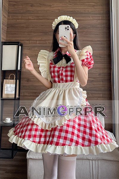 Japanese Black Red Check Lolita Maid Cosplay