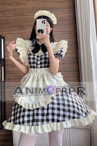 Japanese Black Red Check Lolita Maid Cosplay