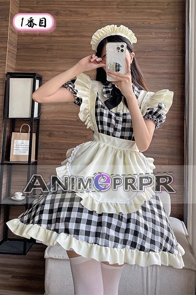 Japanese Black Red Check Lolita Maid Cosplay